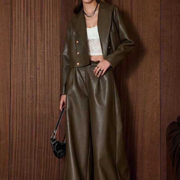 Green Casual Women's Faux Leather Suit Jacket & Pants Set